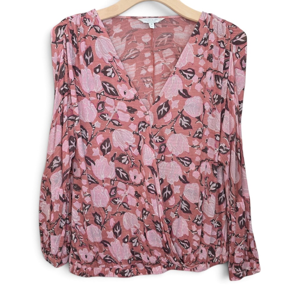 Lucky Brand Top Medium M Dusty Rose Pink Floral Surplice Faux Wrap Elastic Waist